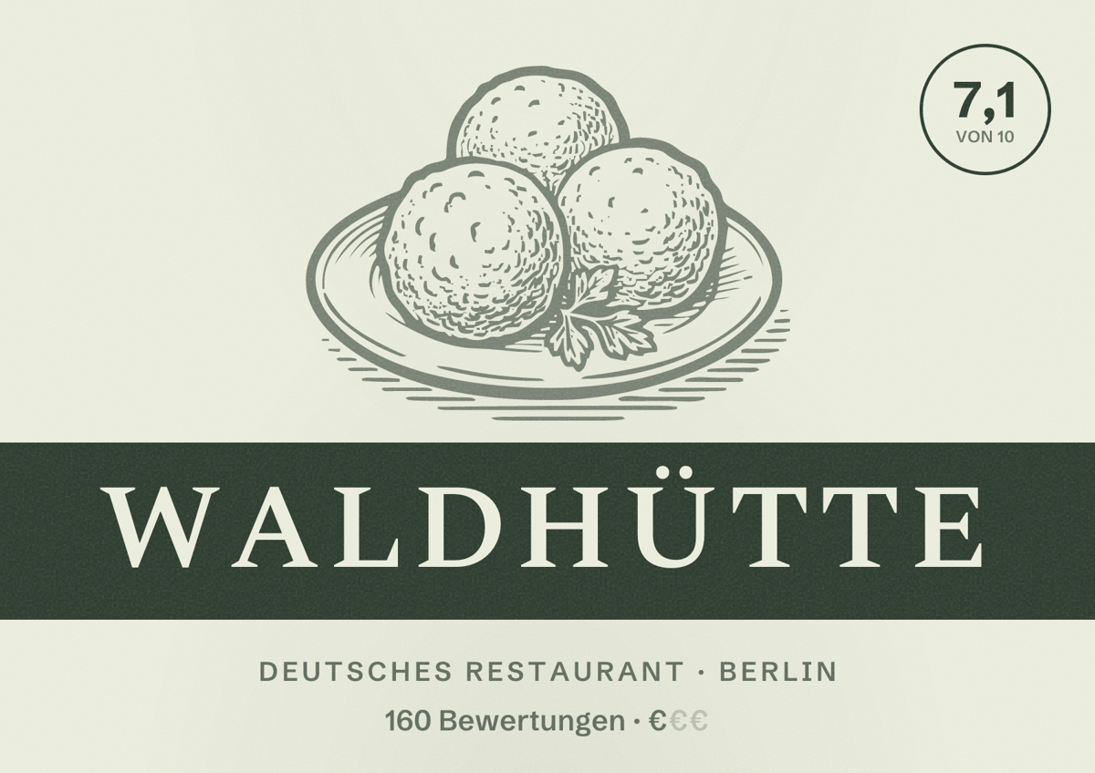 Illustriertes Poster von Waldhütte, Deutsches Restaurant in Berlin: Bewertung 7,1 von 10 aus 160 Bewertungen, Preisniveau €