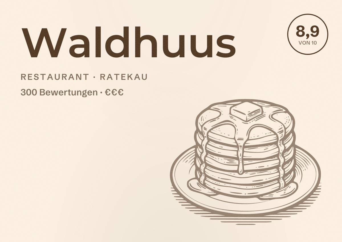 Illustriertes Poster von Waldhuus, Restaurant in Ratekau: Bewertung 8,9 von 10 aus 300 Bewertungen, Preisniveau €€€