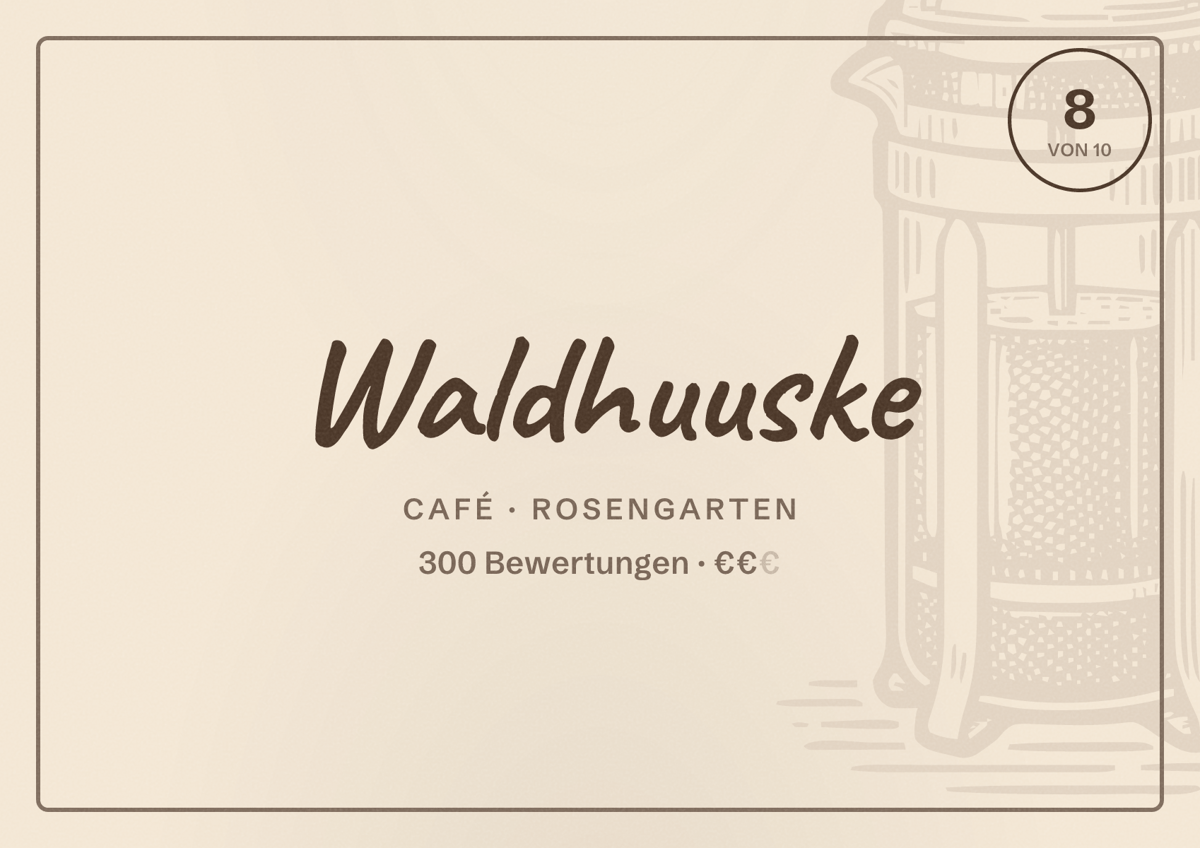 Illustriertes Poster von Waldhuuske, Café in Rosengarten: Bewertung 8 von 10 aus 300 Bewertungen, Preisniveau €€
