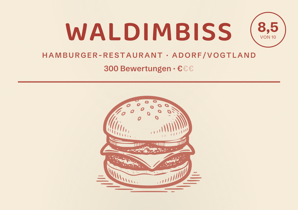 Illustriertes Poster von Waldimbiss, Hamburger-Restaurant in Adorf/Vogtland: Bewertung 8,5 von 10 aus 300 Bewertungen, Preisniveau €