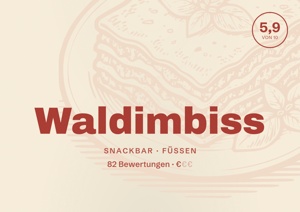 Illustriertes Poster von Waldimbiss, Snackbar in Füssen: Bewertung 5,9 von 10 aus 82 Bewertungen, Preisniveau €
