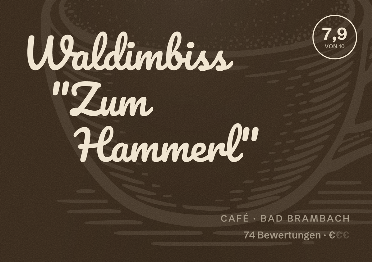 Illustriertes Poster von Waldimbiss "Zum Hammerl", Café in Bad Brambach: Bewertung 7,9 von 10 aus 74 Bewertungen, Preisniveau €