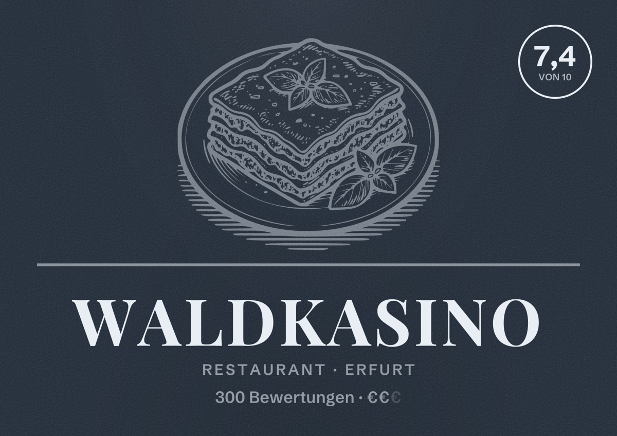 Illustriertes Poster von Waldkasino, Restaurant in Erfurt: Bewertung 7,4 von 10 aus 300 Bewertungen, Preisniveau €€