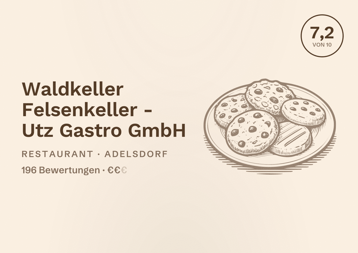 Illustriertes Poster von Waldkeller Felsenkeller - Utz Gastro GmbH, Restaurant in Adelsdorf: Bewertung 7,2 von 10 aus 196 Bewertungen, Preisniveau €€