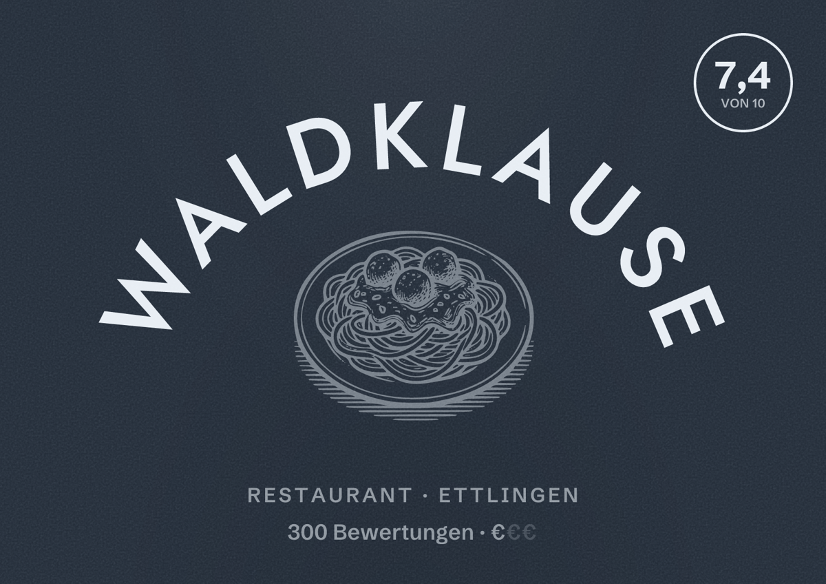 Illustriertes Poster von Waldklause, Restaurant in Ettlingen: Bewertung 7,4 von 10 aus 300 Bewertungen, Preisniveau €