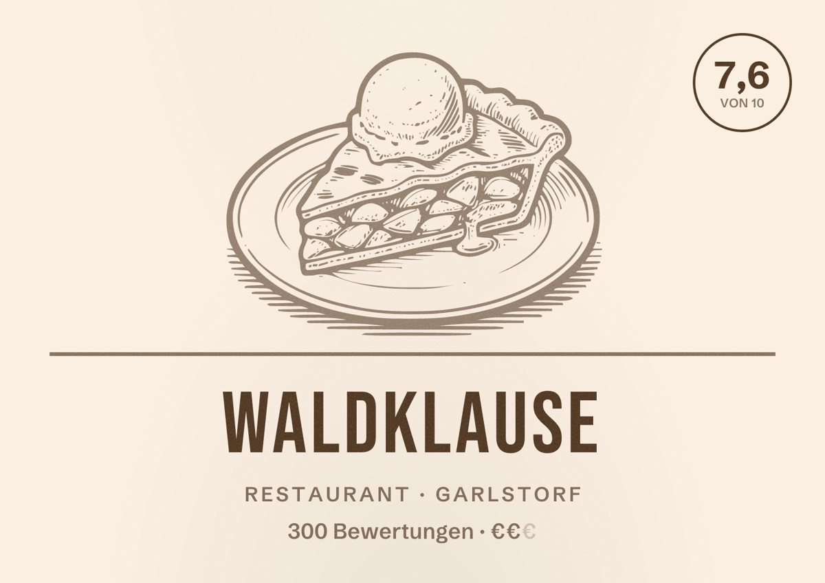 Illustriertes Poster von Waldklause, Restaurant in Garlstorf: Bewertung 7,6 von 10 aus 300 Bewertungen, Preisniveau €€