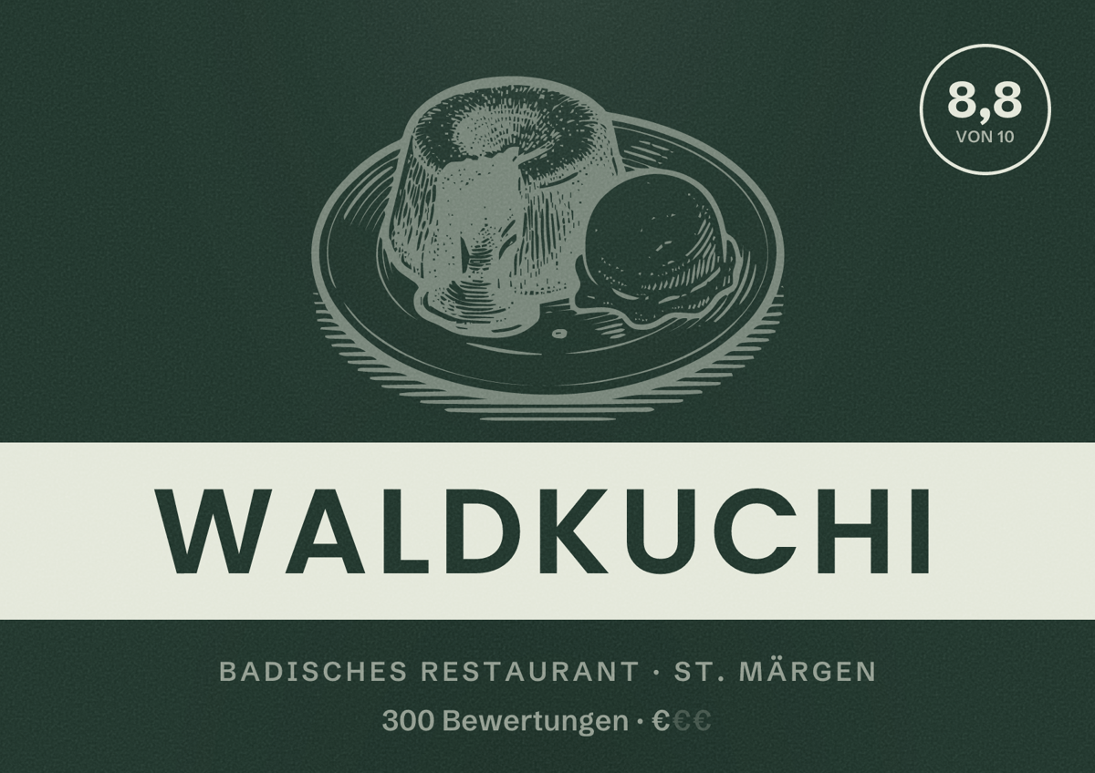 Illustriertes Poster von Waldkuchi, Badisches Restaurant in St. Märgen: Bewertung 8,8 von 10 aus 300 Bewertungen, Preisniveau €
