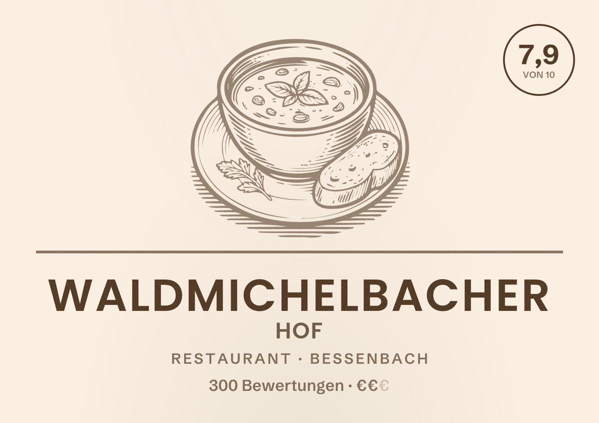 Illustriertes Poster von Waldmichelbacher Hof, Restaurant in Bessenbach: Bewertung 7,9 von 10 aus 300 Bewertungen, Preisniveau €€