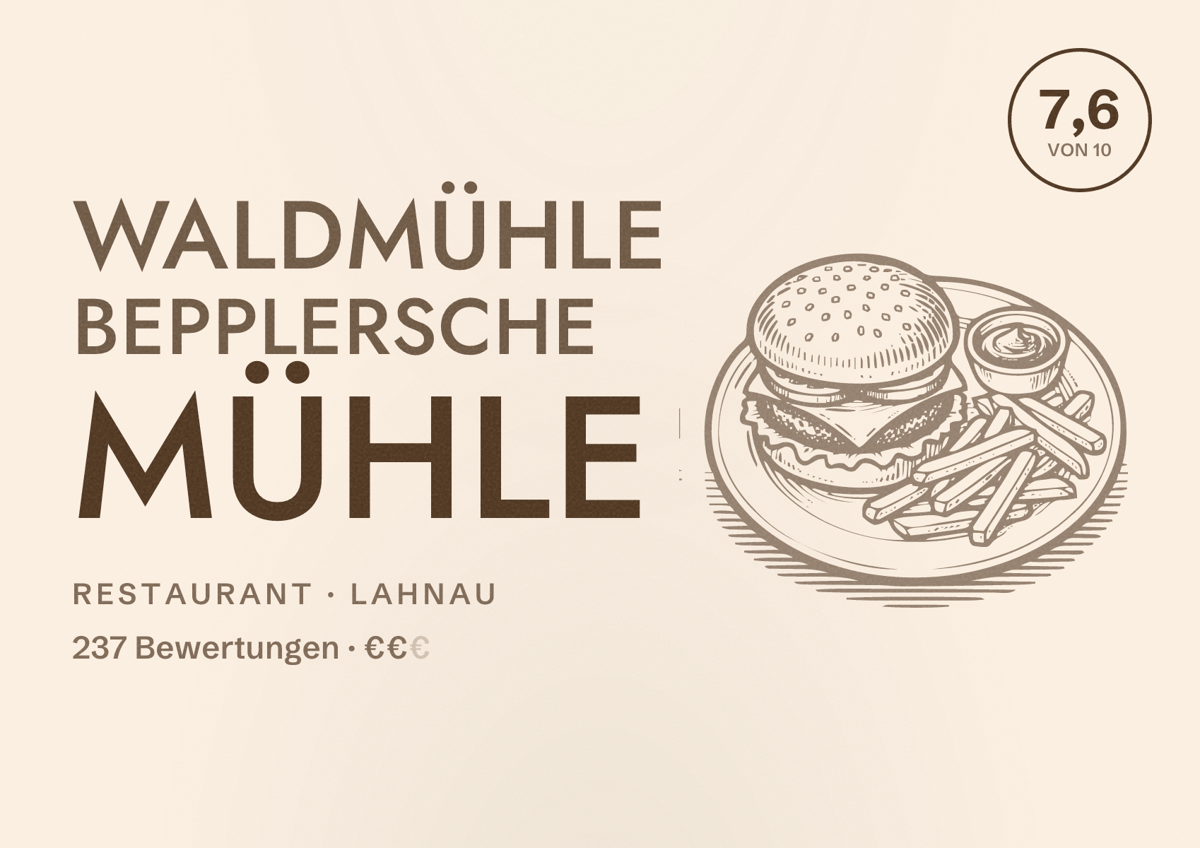 Illustriertes Poster von Waldmühle Bepplersche Mühle, Restaurant in Lahnau: Bewertung 7,6 von 10 aus 237 Bewertungen, Preisniveau €€