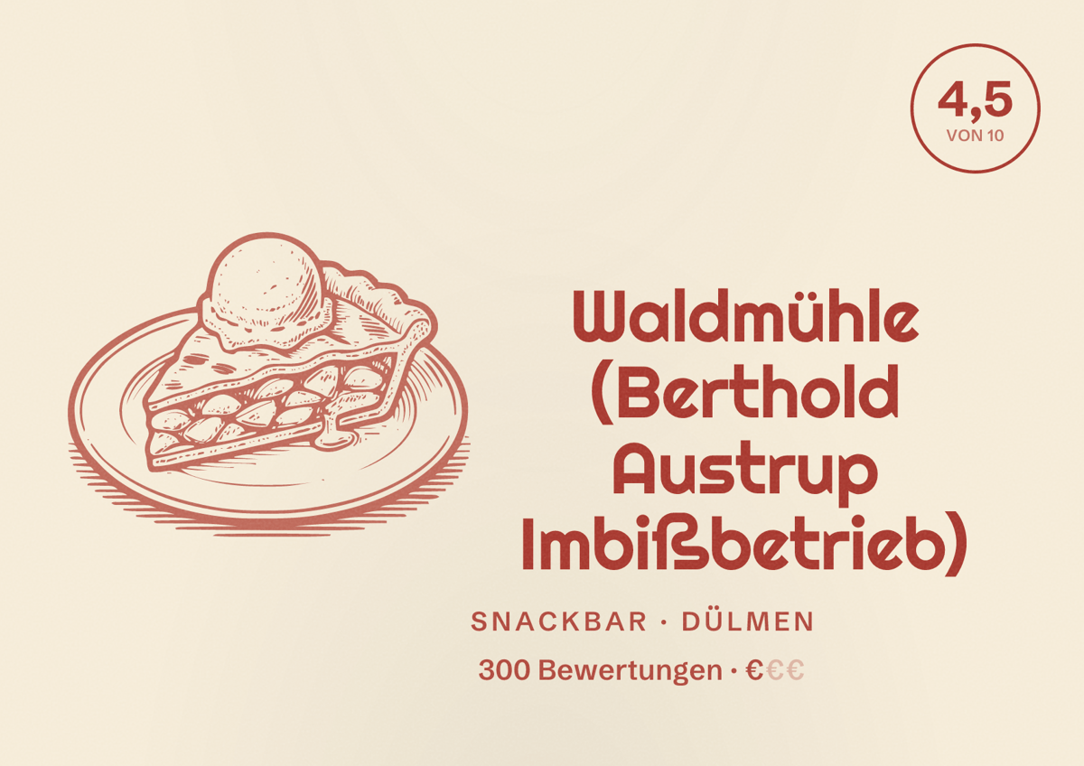 Illustriertes Poster von Waldmühle (Berthold Austrup Imbißbetrieb), Snackbar in Dülmen: Bewertung 4,5 von 10 aus 300 Bewertungen, Preisniveau €