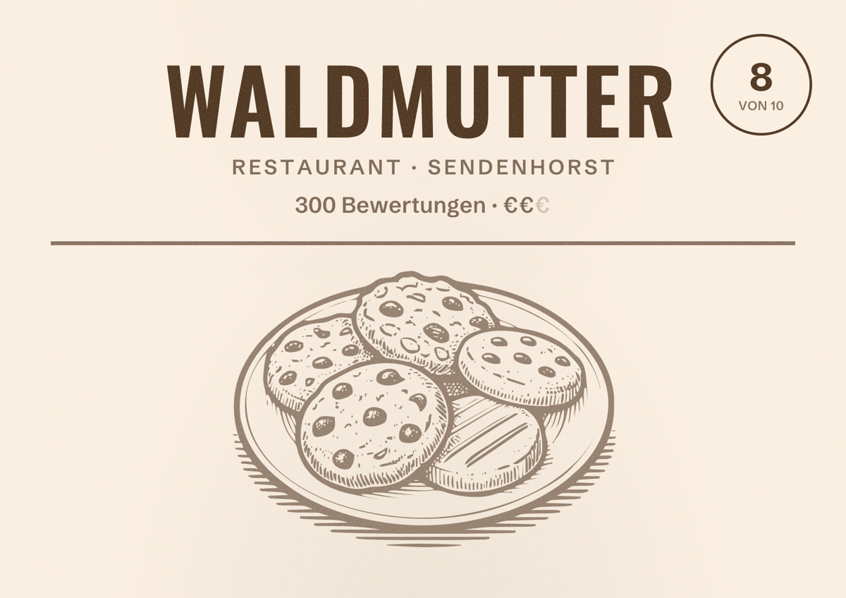 Illustriertes Poster von Waldmutter, Restaurant in Sendenhorst: Bewertung 8 von 10 aus 300 Bewertungen, Preisniveau €€