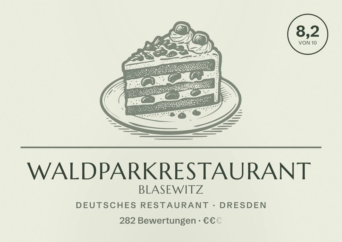 Illustriertes Poster von Waldparkrestaurant Blasewitz, Deutsches Restaurant in Dresden: Gästebewertung 8,2 von 10 aus 282 Bewertungen
