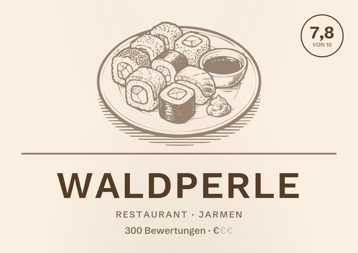 Illustriertes Poster von Waldperle, Restaurant in Jarmen: Bewertung 7,8 von 10 aus 300 Bewertungen, Preisniveau €