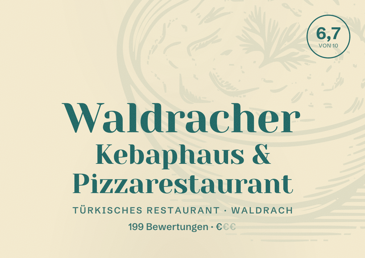 Illustriertes Poster von Waldracher Kebaphaus & Pizzarestaurant, Türkisches Restaurant in Waldrach: Bewertung 6,7 von 10 aus 199 Bewertungen, Preisniveau €