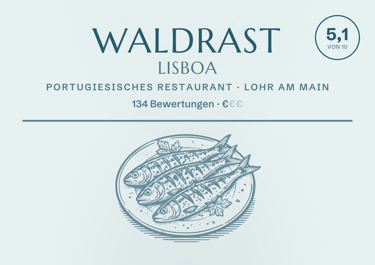Illustriertes Poster von Waldrast Lisboa, Portugiesisches Restaurant in Lohr am Main: Bewertung 5,1 von 10 aus 134 Bewertungen, Preisniveau €