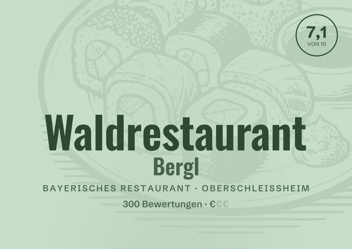 Illustriertes Poster von Waldrestaurant Bergl, Bayerisches Restaurant in Oberschleißheim: Bewertung 7,1 von 10 aus 300 Bewertungen, Preisniveau €