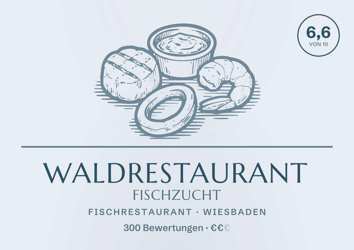 Illustriertes Poster von Waldrestaurant Fischzucht, Fischrestaurant in Wiesbaden: Bewertung 6,6 von 10 aus 300 Bewertungen, Preisniveau €€