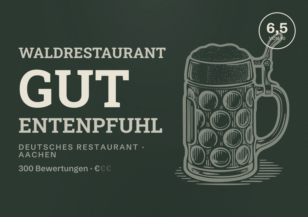 Illustriertes Poster von Waldrestaurant Gut Entenpfuhl, Deutsches Restaurant in Aachen: Bewertung 6,5 von 10 aus 300 Bewertungen, Preisniveau €