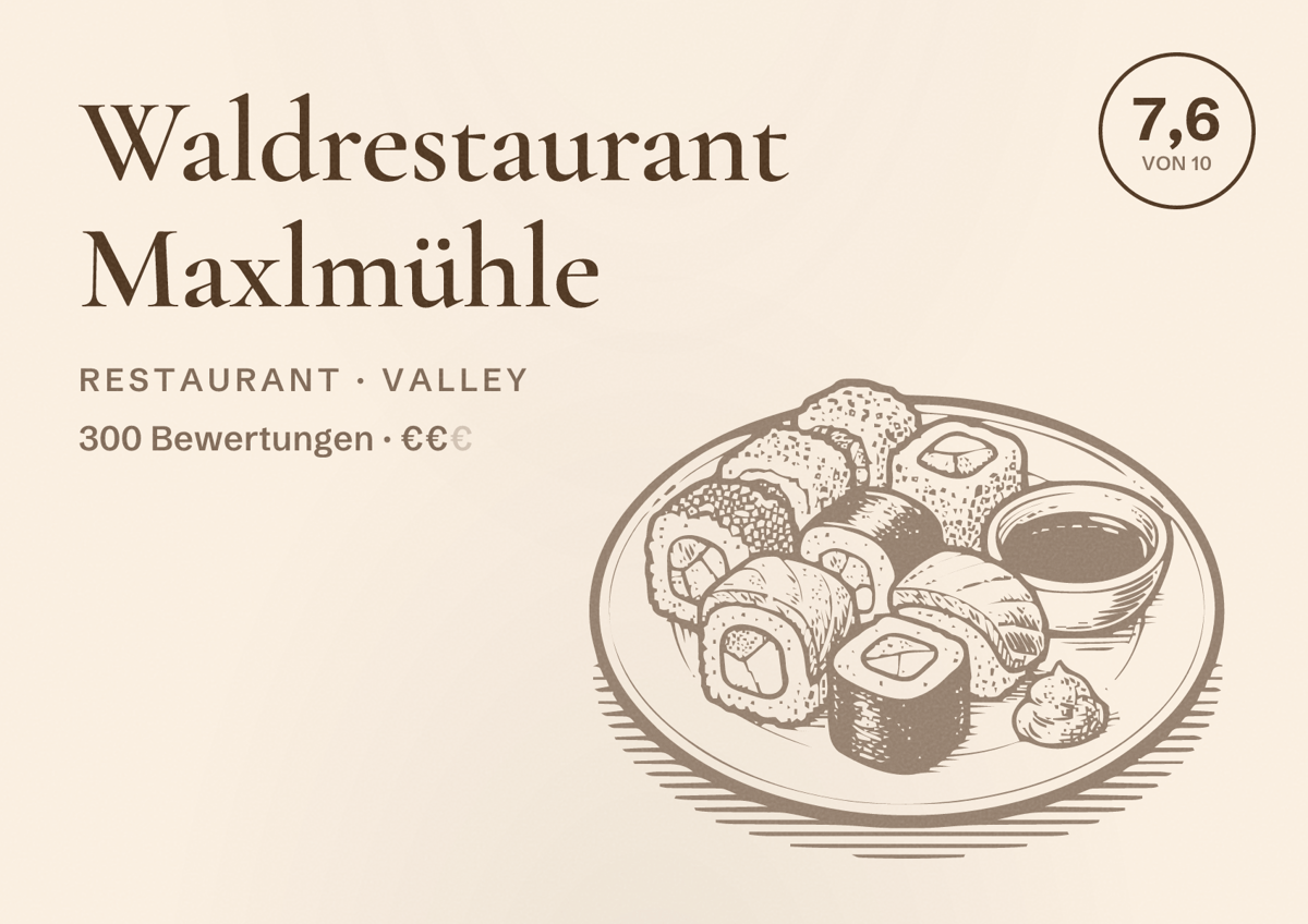 Illustriertes Poster von Waldrestaurant Maxlmühle, Restaurant in Valley: Bewertung 7,6 von 10 aus 300 Bewertungen, Preisniveau €€