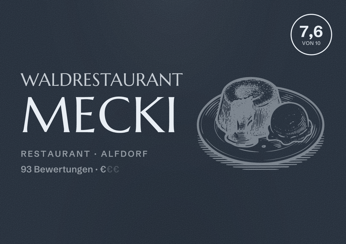 Illustriertes Poster von Waldrestaurant Mecki, Restaurant in Alfdorf: Bewertung 7,6 von 10 aus 93 Bewertungen, Preisniveau €