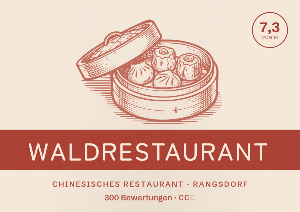 Illustriertes Poster von Waldrestaurant, Chinesisches Restaurant in Rangsdorf: Bewertung 7,3 von 10 aus 300 Bewertungen, Preisniveau €€