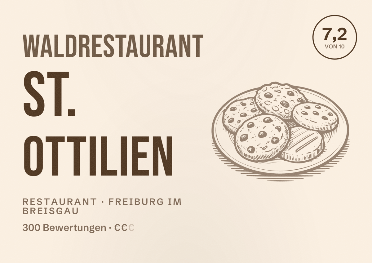 Illustriertes Poster von Waldrestaurant St. Ottilien, Restaurant in Freiburg im Breisgau: Bewertung 7,2 von 10 aus 300 Bewertungen, Preisniveau €€