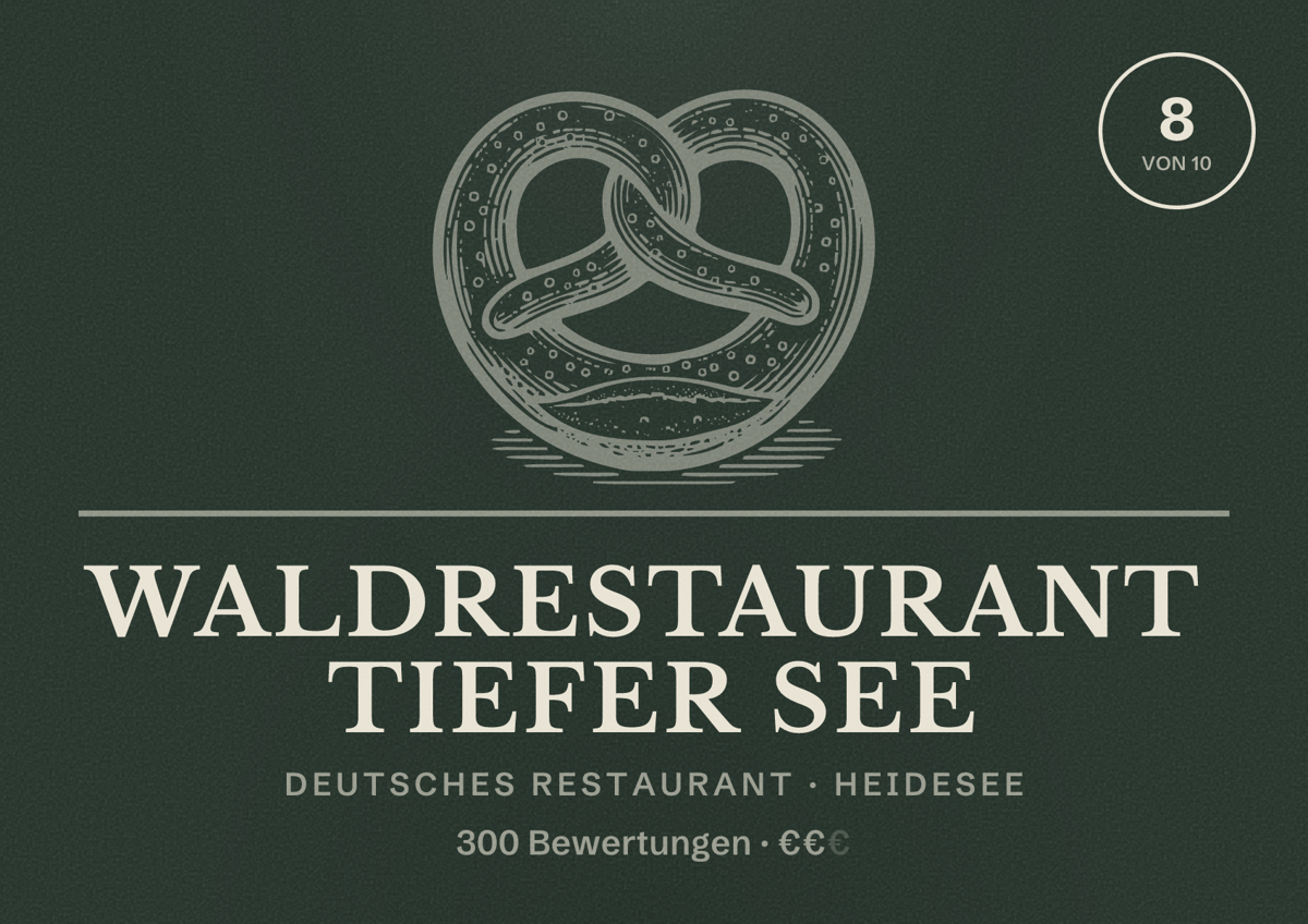 Illustriertes Poster von Waldrestaurant Tiefer See, Deutsches Restaurant in Heidesee: Bewertung 8 von 10 aus 300 Bewertungen, Preisniveau €€