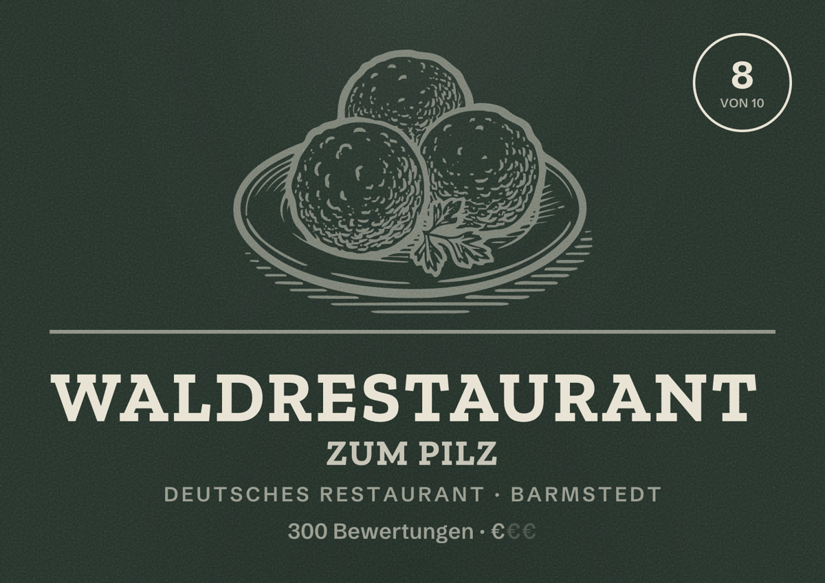 Illustriertes Poster von Waldrestaurant Zum Pilz, Deutsches Restaurant in Barmstedt: Bewertung 8 von 10 aus 300 Bewertungen, Preisniveau €