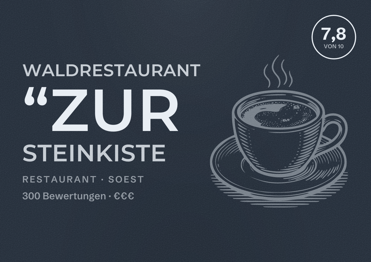 Illustriertes Poster von WALDRESTAURANT “ZUR STEINKISTE, Restaurant in Soest: Bewertung 7,8 von 10 aus 300 Bewertungen, Preisniveau €€€