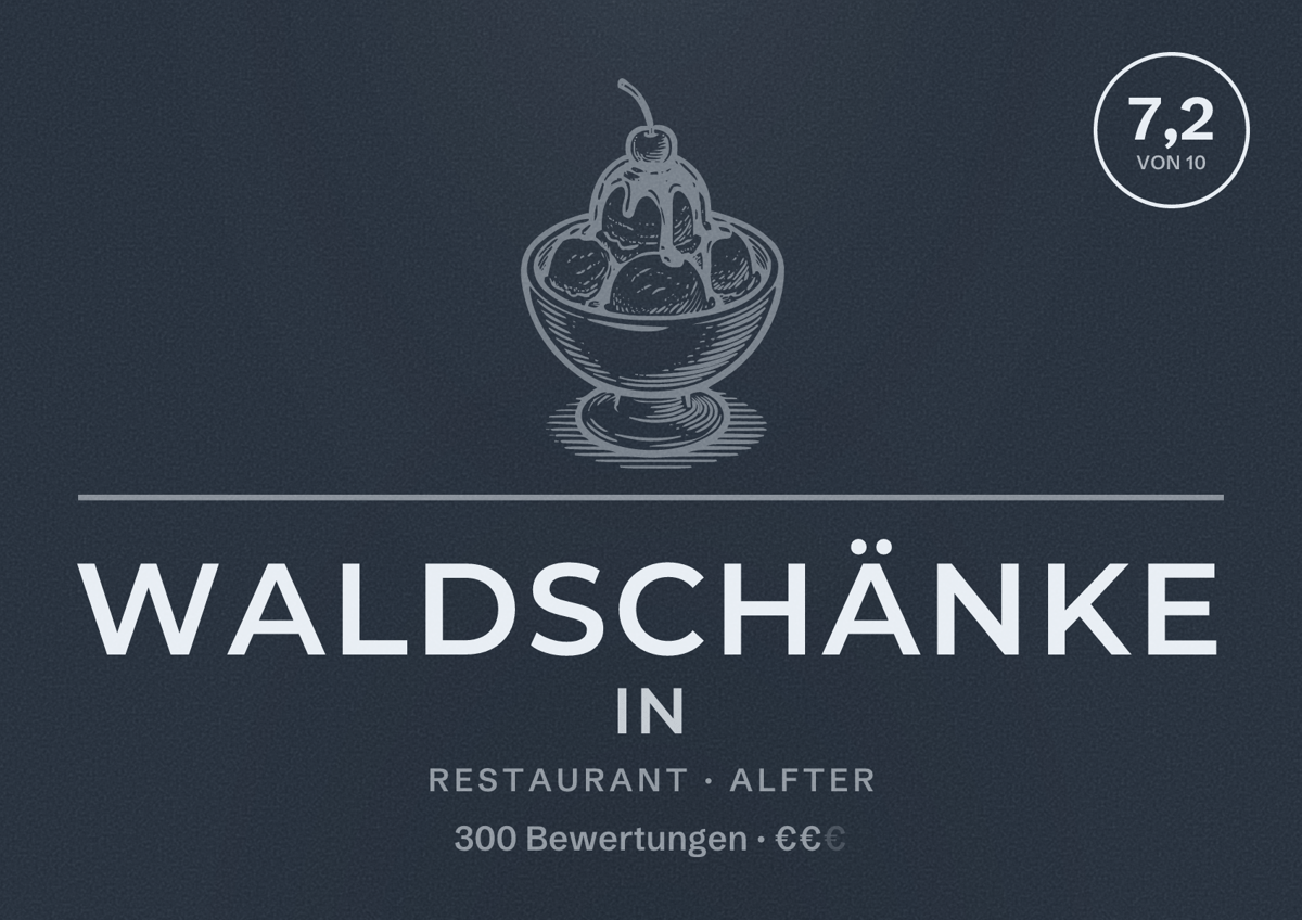 Illustriertes Poster von Waldschänke in, Restaurant in Alfter: Bewertung 7,2 von 10 aus 300 Bewertungen, Preisniveau €€
