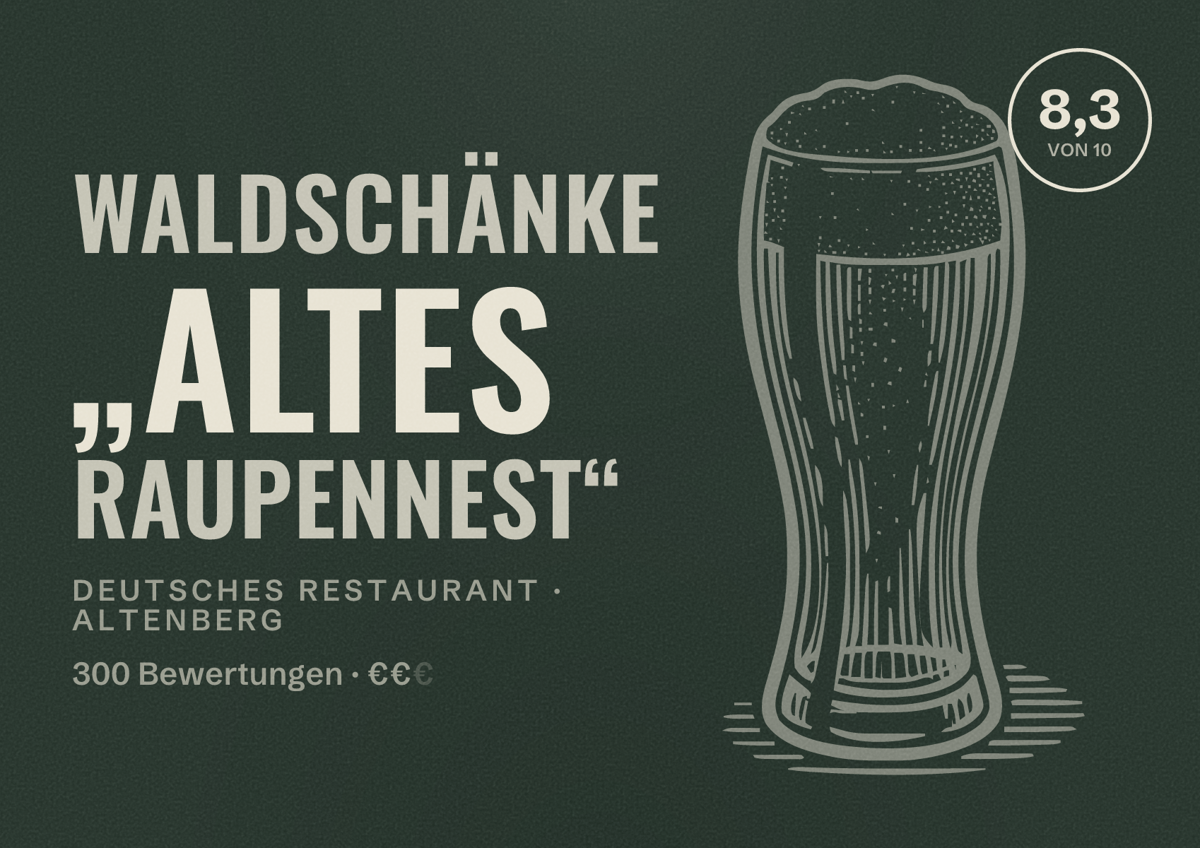 Illustriertes Poster von Waldschänke „Altes Raupennest“, Deutsches Restaurant in Altenberg: Bewertung 8,3 von 10 aus 300 Bewertungen, Preisniveau €€