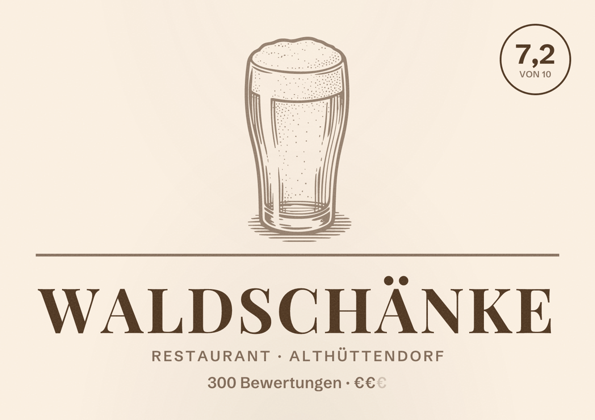 Illustriertes Poster von Waldschänke, Restaurant in Althüttendorf: Bewertung 7,2 von 10 aus 300 Bewertungen, Preisniveau €€