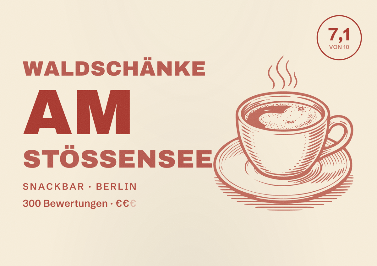 Illustriertes Poster von Waldschänke am Stößensee, Snackbar in Berlin: Bewertung 7,1 von 10 aus 300 Bewertungen, Preisniveau €€