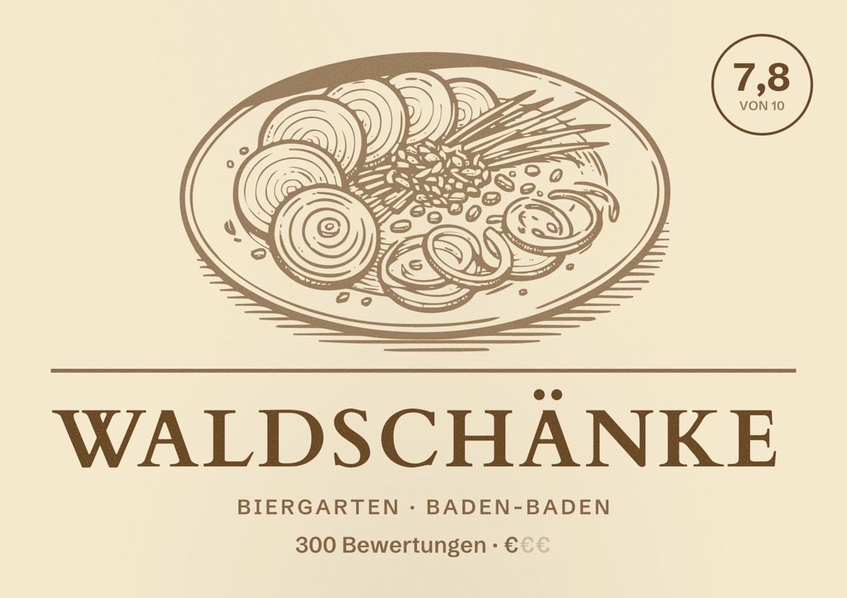Illustriertes Poster von Waldschänke, Biergarten in Baden-Baden: Bewertung 7,8 von 10 aus 300 Bewertungen, Preisniveau €