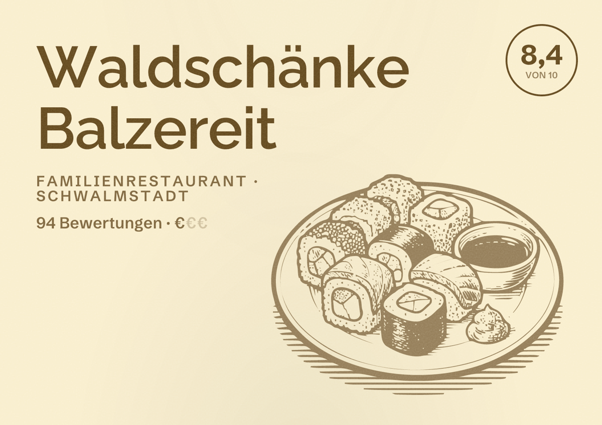 Illustriertes Poster von Waldschänke Balzereit, Familienrestaurant in Schwalmstadt: Bewertung 8,4 von 10 aus 94 Bewertungen, Preisniveau €