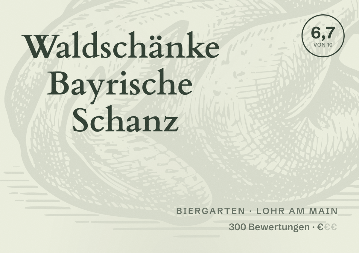 Illustriertes Poster von Waldschänke Bayrische Schanz, Biergarten in Lohr am Main: Bewertung 6,7 von 10 aus 300 Bewertungen, Preisniveau €