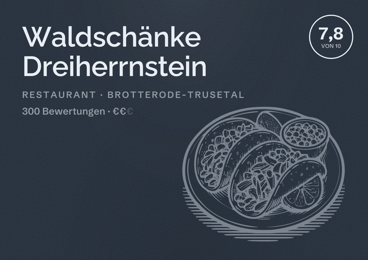 Illustriertes Poster von Waldschänke Dreiherrnstein, Restaurant in Brotterode-Trusetal: Bewertung 7,8 von 10 aus 300 Bewertungen, Preisniveau €€