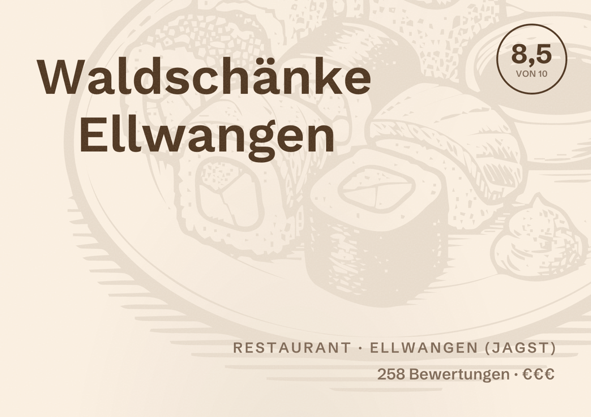 Illustriertes Poster von Waldschänke Ellwangen, Restaurant in Ellwangen (Jagst): Bewertung 8,5 von 10 aus 258 Bewertungen, Preisniveau €€€
