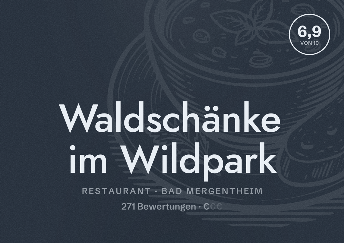 Illustriertes Poster von Waldschänke im Wildpark, Restaurant in Bad Mergentheim: Bewertung 6,9 von 10 aus 271 Bewertungen, Preisniveau €