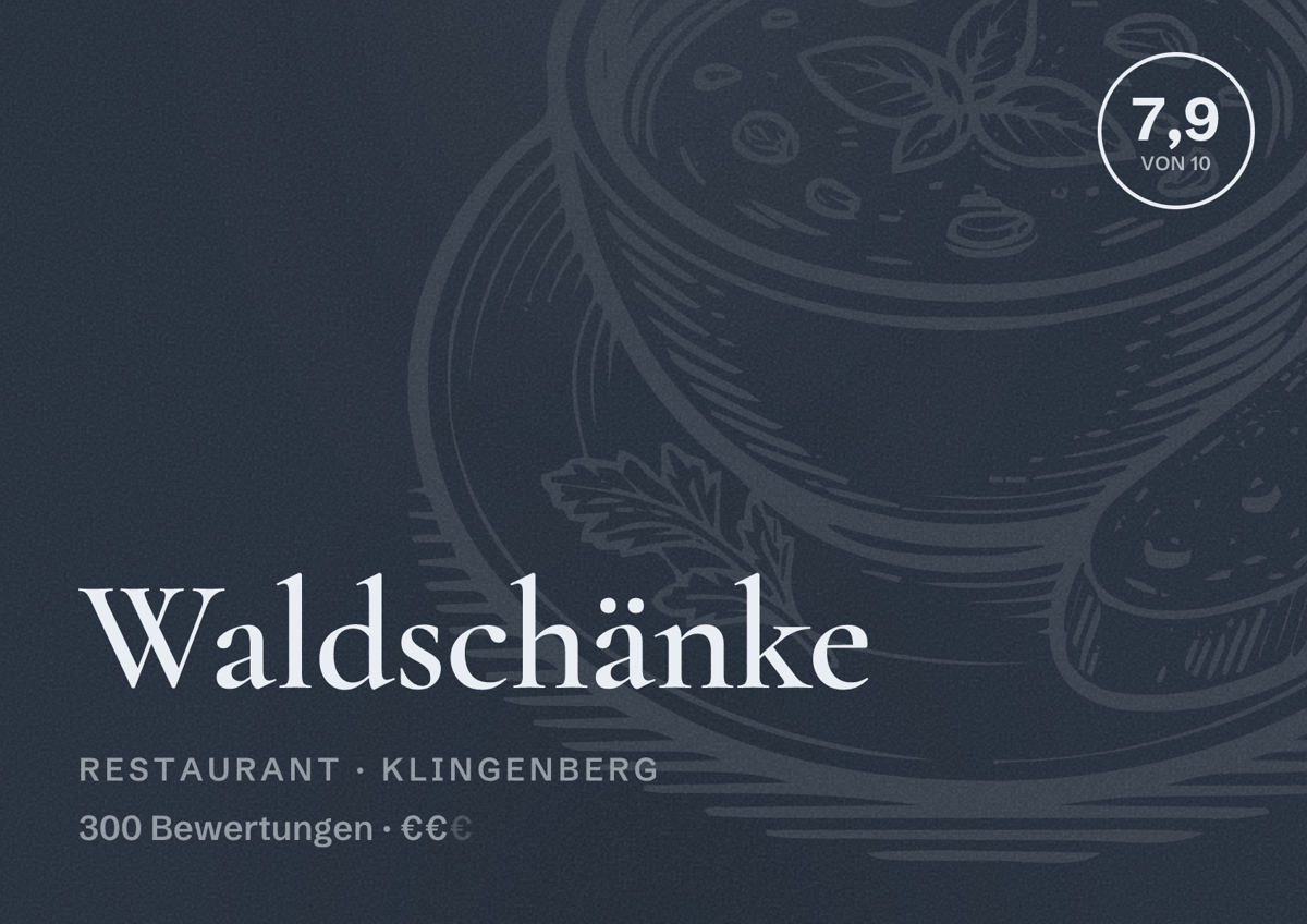 Illustriertes Poster von Waldschänke, Restaurant in Klingenberg: Bewertung 7,9 von 10 aus 300 Bewertungen, Preisniveau €€