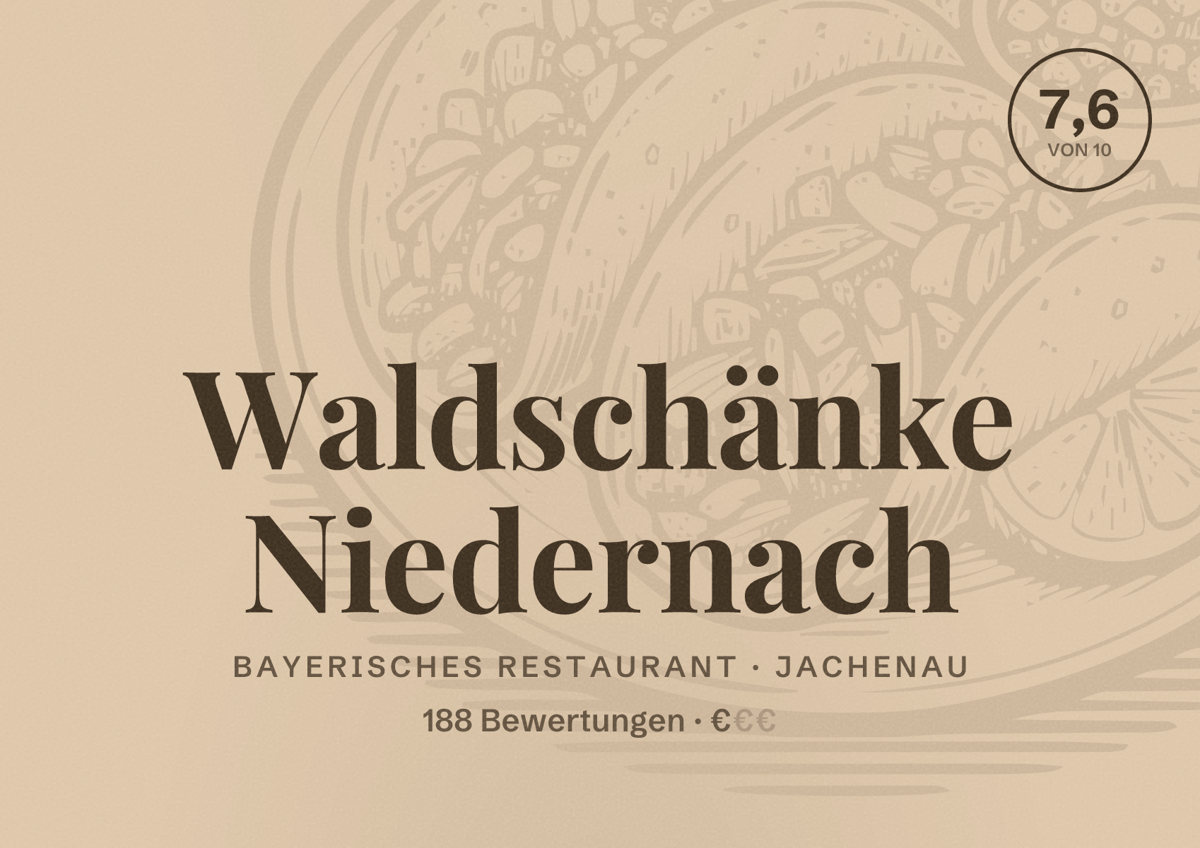 Illustriertes Poster von Waldschänke Niedernach, Bayerisches Restaurant in Jachenau: Bewertung 7,6 von 10 aus 188 Bewertungen, Preisniveau €