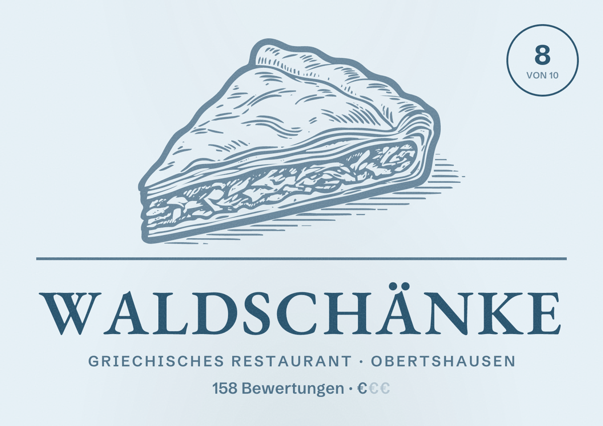 Illustriertes Poster von Waldschänke, Griechisches Restaurant in Obertshausen: Bewertung 8 von 10 aus 158 Bewertungen, Preisniveau €