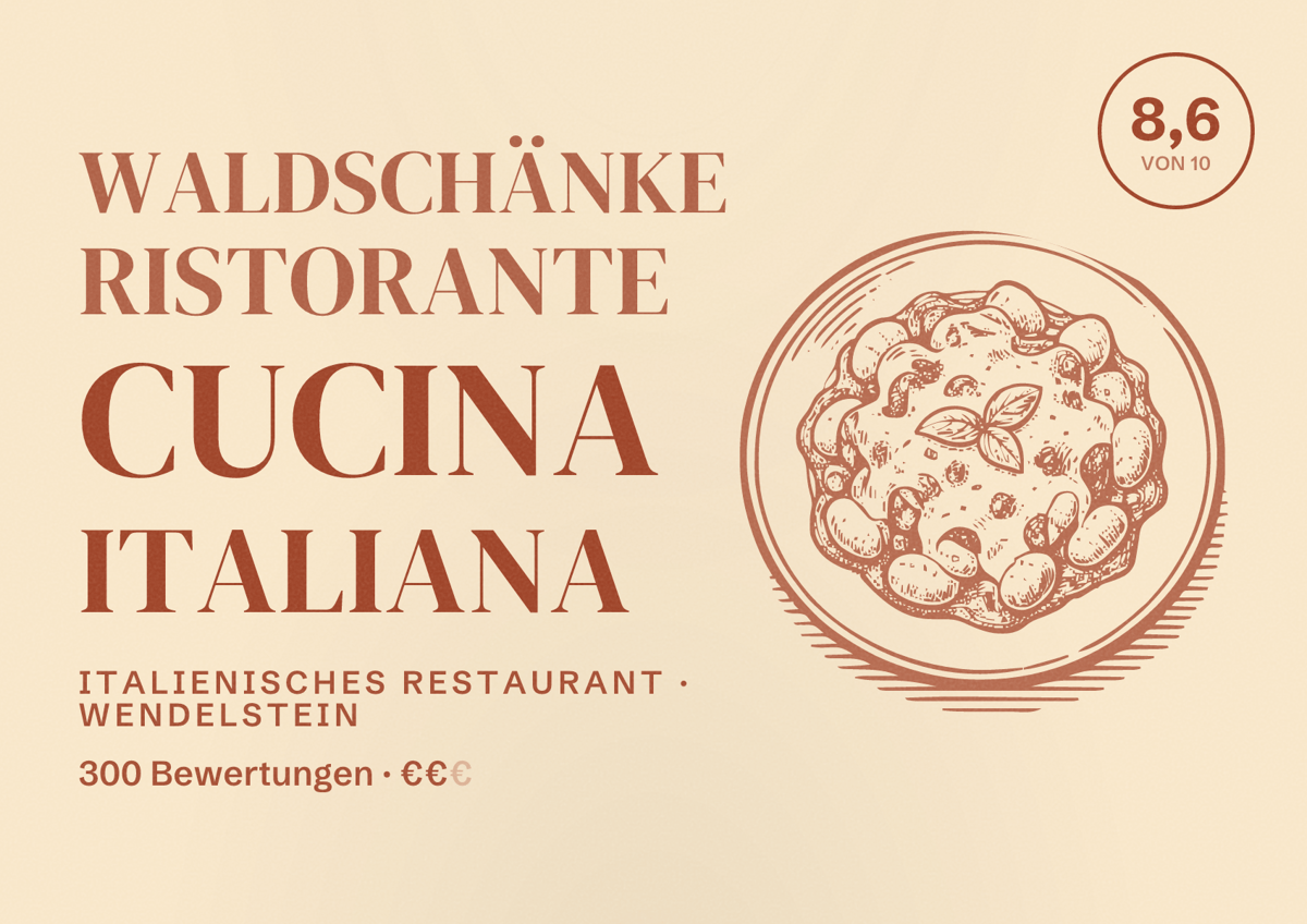 Illustriertes Poster von Waldschänke Ristorante Cucina Italiana, Italienisches Restaurant in Wendelstein: Bewertung 8,6 von 10 aus 300 Bewertungen, Preisniveau €€