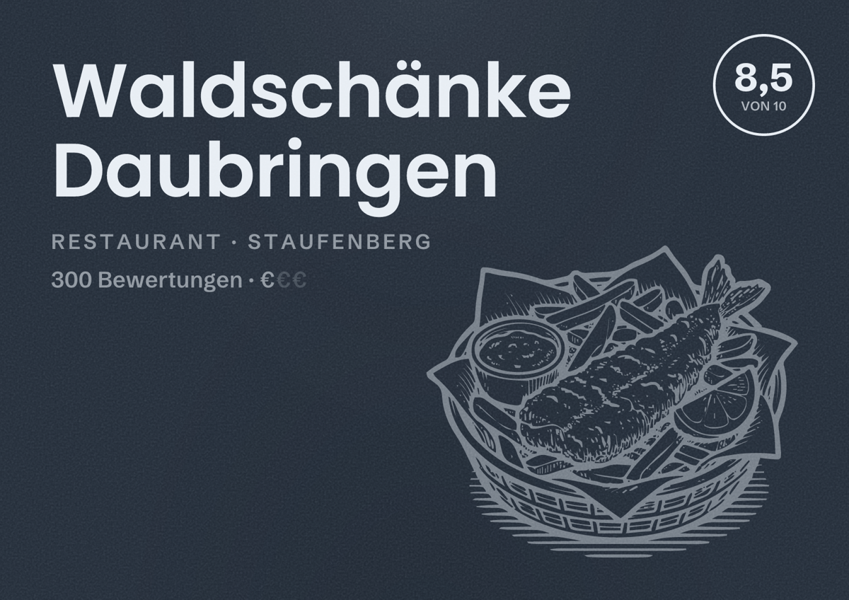 Illustriertes Poster von Waldschänke Daubringen, Restaurant in Staufenberg: Bewertung 8,5 von 10 aus 300 Bewertungen, Preisniveau €