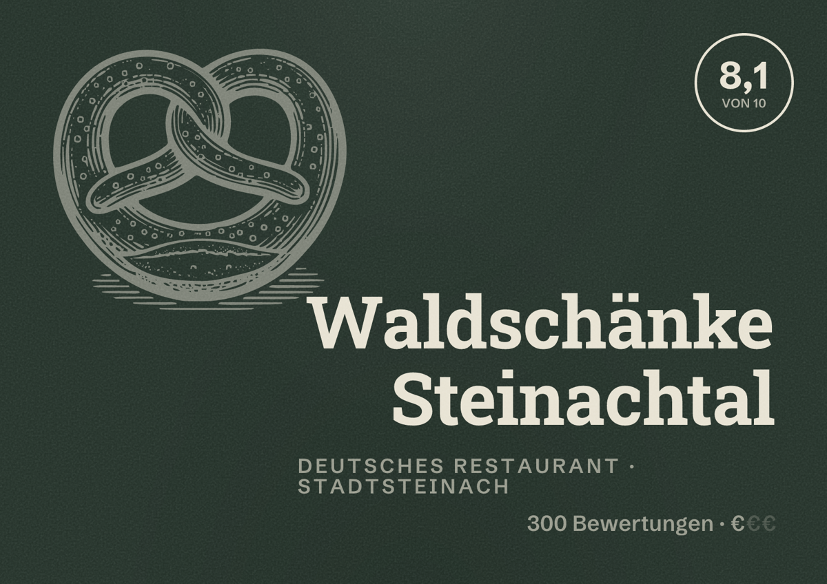 Illustriertes Poster von Waldschänke Steinachtal, Deutsches Restaurant in Stadtsteinach: Bewertung 8,1 von 10 aus 300 Bewertungen, Preisniveau €