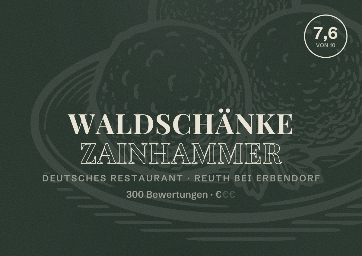 Illustriertes Poster von Waldschänke Zainhammer, Deutsches Restaurant in Reuth bei Erbendorf: Bewertung 7,6 von 10 aus 300 Bewertungen, Preisniveau €