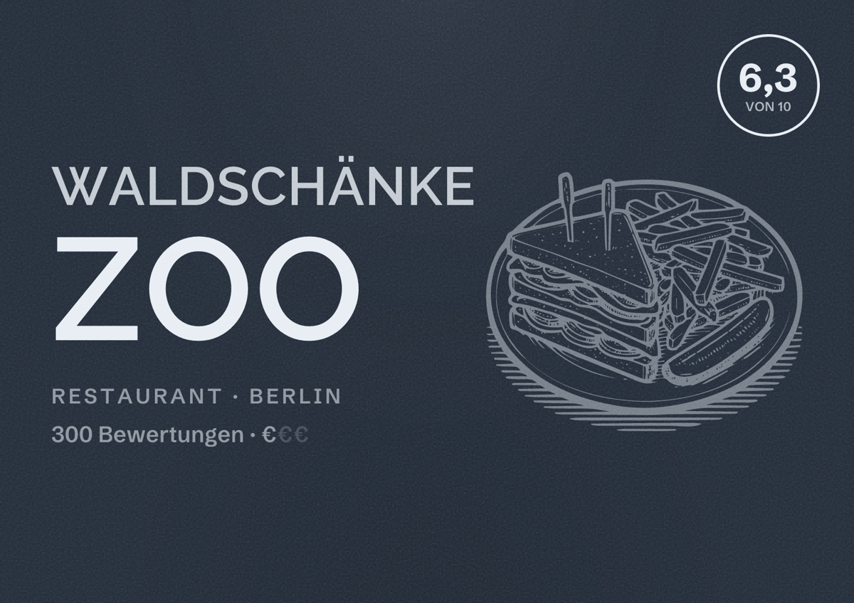 Illustriertes Poster von Waldschänke Zoo, Restaurant in Berlin: Bewertung 6,3 von 10 aus 300 Bewertungen, Preisniveau €