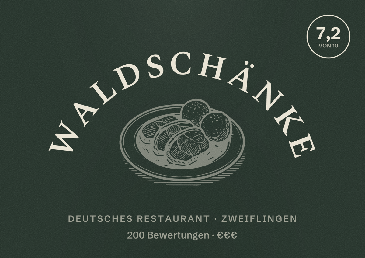 Illustriertes Poster von Waldschänke, Deutsches Restaurant in Zweiflingen: Bewertung 7,2 von 10 aus 200 Bewertungen, Preisniveau €€€