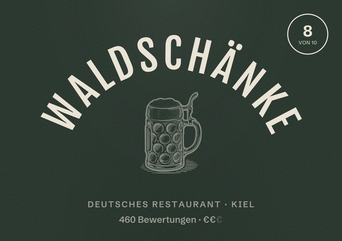 Illustriertes Poster von Waldschänke, Deutsches Restaurant in Kiel: Bewertung 8,0 von 10 aus 460 Bewertungen, Preisniveau €€
