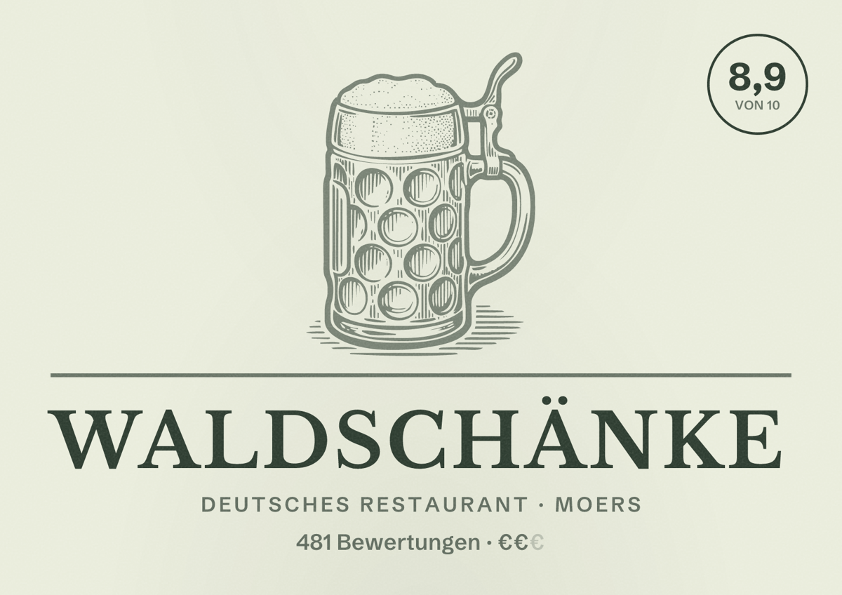 Illustriertes Poster von Waldschänke, Deutsches Restaurant in Moers: Bewertung 8,9 von 10 aus 481 Bewertungen, Preisniveau €€